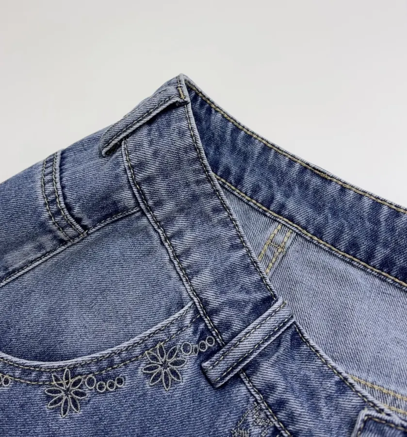 Blue Embroidered Cotton-Linen Washed Light Blue Cropped Jeans in Light Blue, product view 06