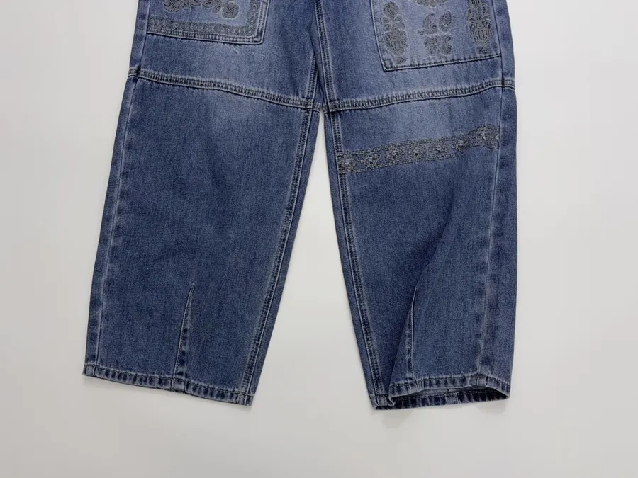 Blue Embroidered Cotton-Linen Washed Light Blue Cropped Jeans in Light Blue, product view 08