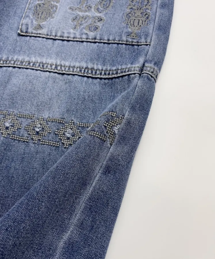 Blue Embroidered Cotton-Linen Washed Light Blue Cropped Jeans in Light Blue, product view 10