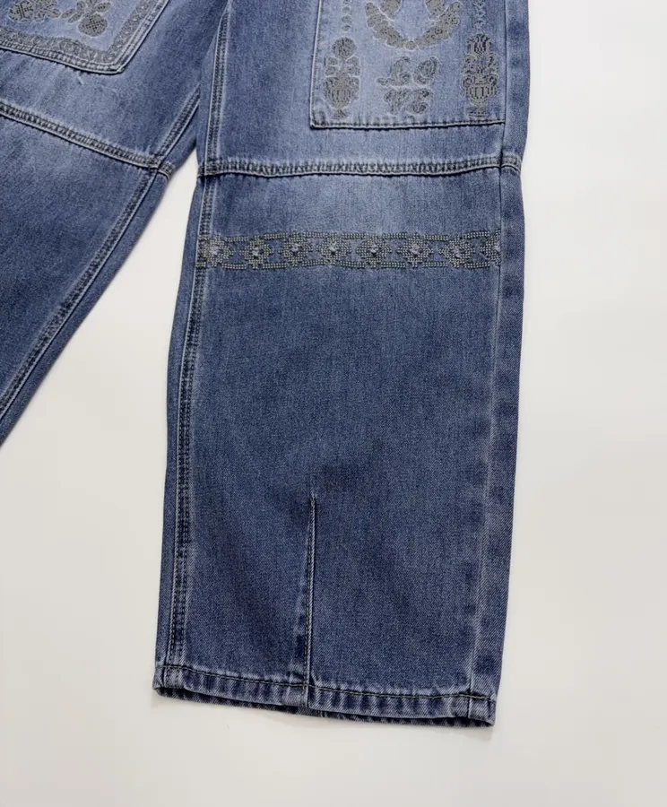 Blue Embroidered Cotton-Linen Washed Light Blue Cropped Jeans in Light Blue, product view 11