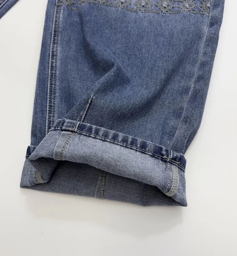 Blue Embroidered Cotton-Linen Washed Light Blue Cropped Jeans in Light Blue, product view 14