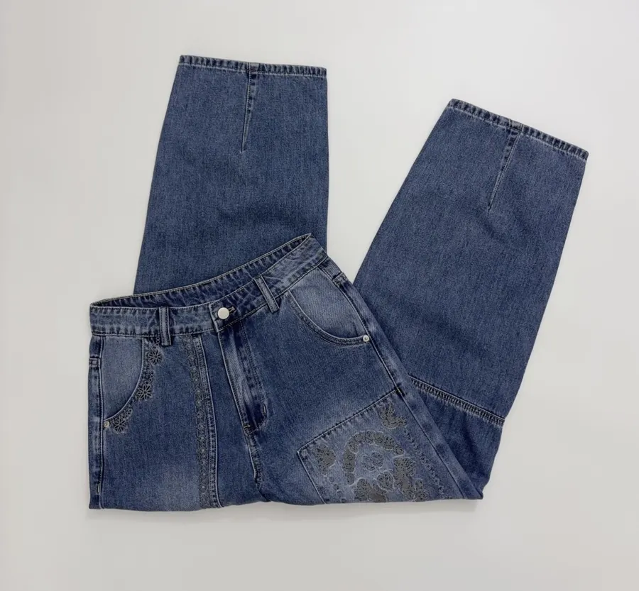 Blue Embroidered Cotton-Linen Washed Light Blue Cropped Jeans in Light Blue, product view 15