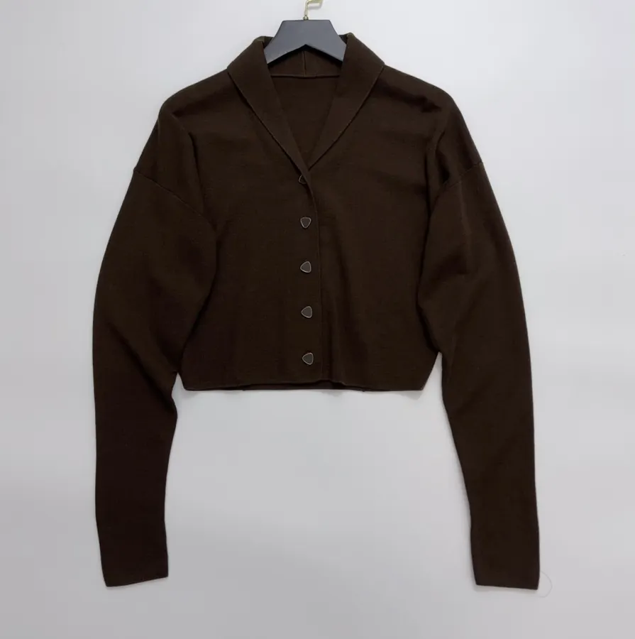 Brown Short Wool Cashmere Mulberry Silk Knitted Jacket Short Top in Brown, product view