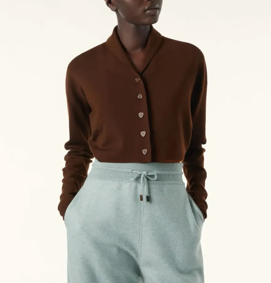 Brown Short Wool Cashmere Mulberry Silk Knitted Jacket Short Top in Brown, product view 03