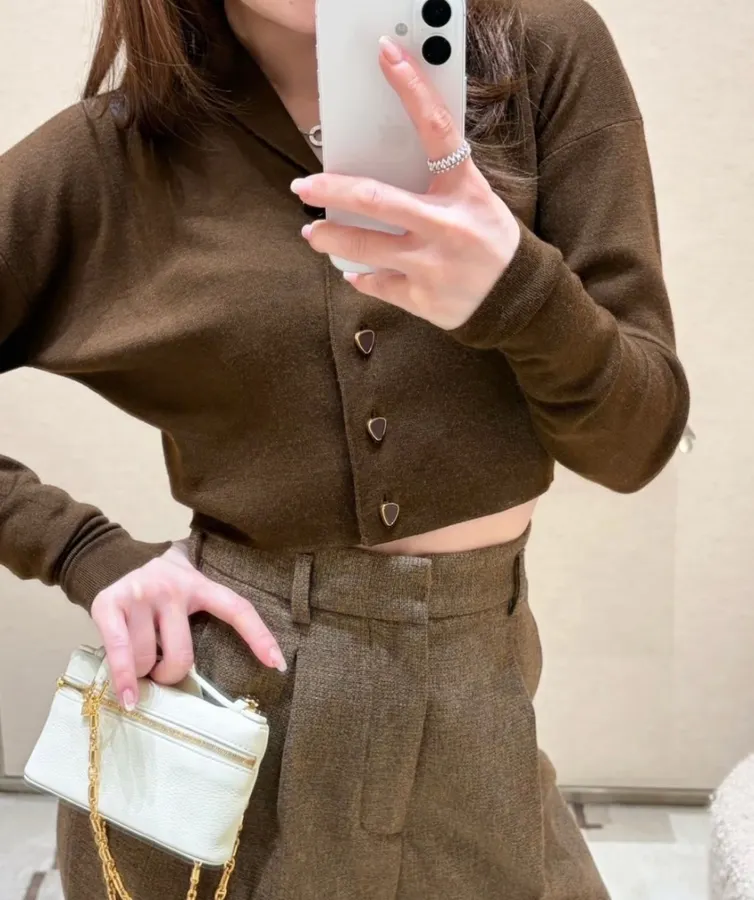 Brown Short Wool Cashmere Mulberry Silk Knitted Jacket Short Top in Brown, product view 04