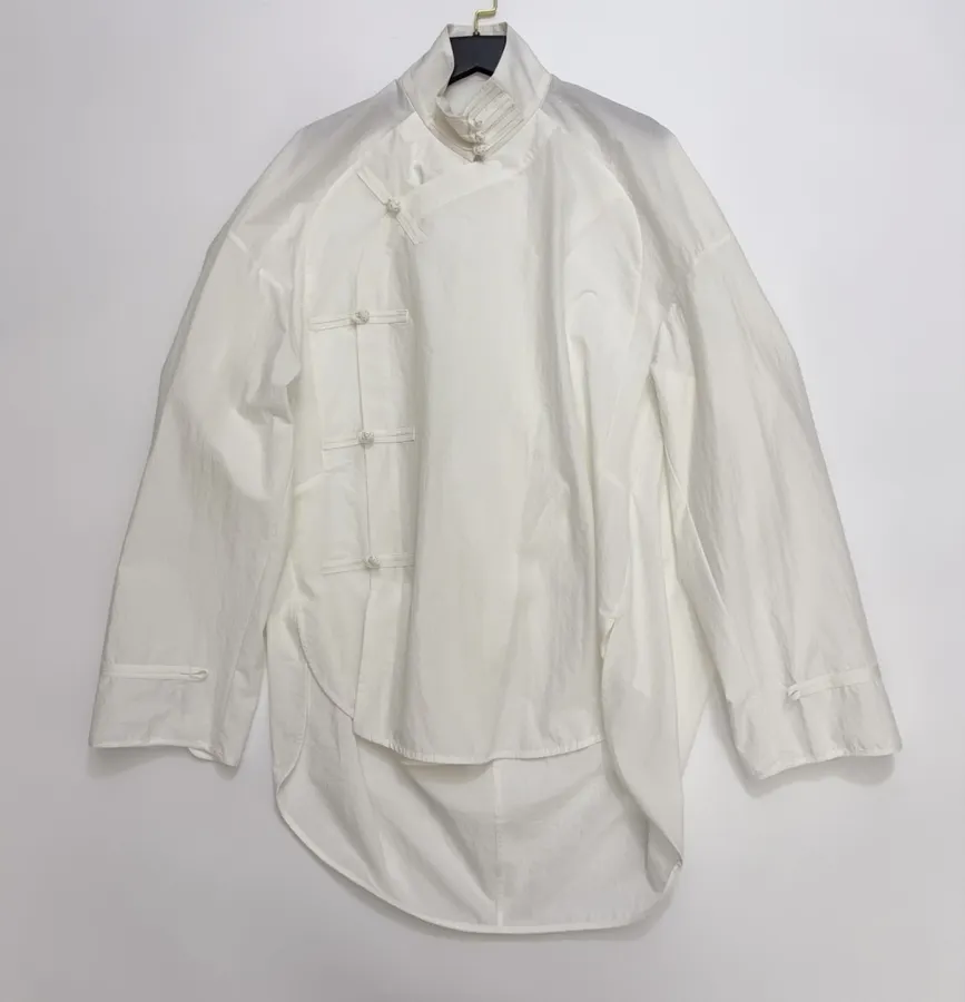 Asymmetric Mandarin-Collar Side-Slit Shirt in White, product view