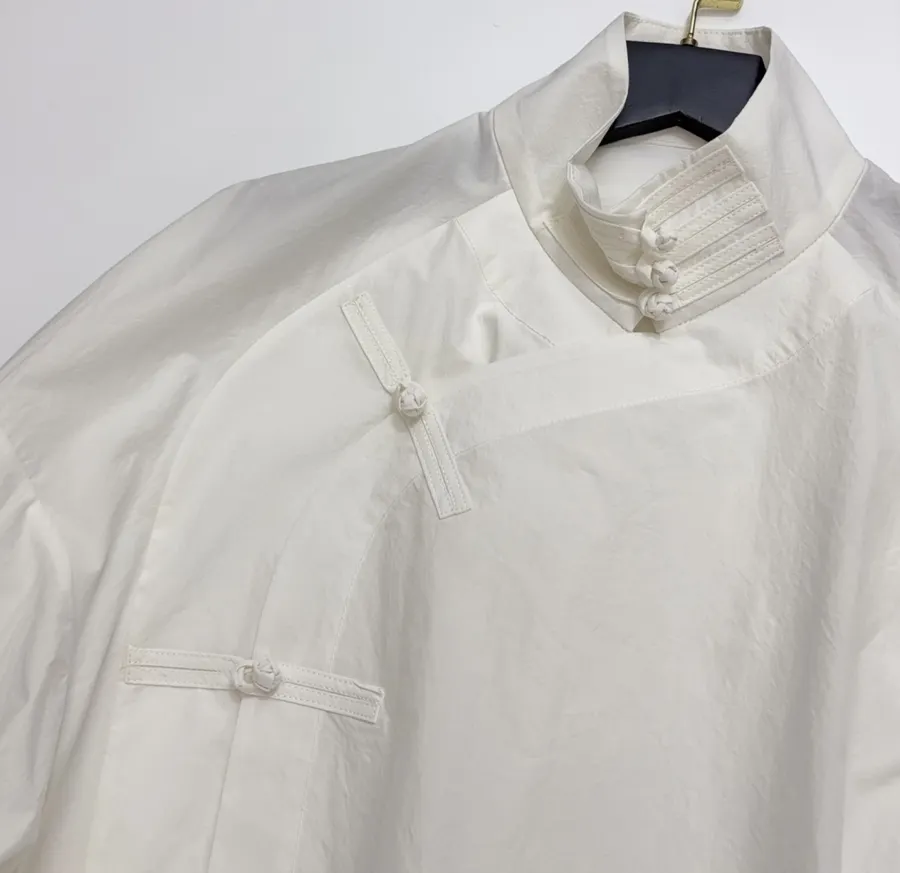 Asymmetric Mandarin-Collar Side-Slit Shirt in White, product view 04