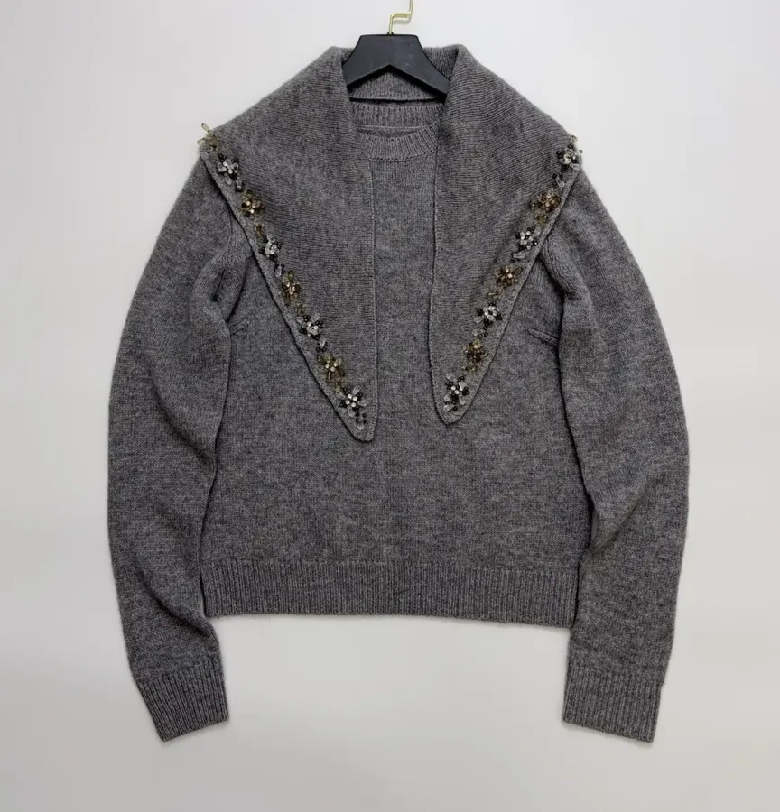 Grey Beaded Detachable-Shawl Knit Sweater in Gray, product view 01