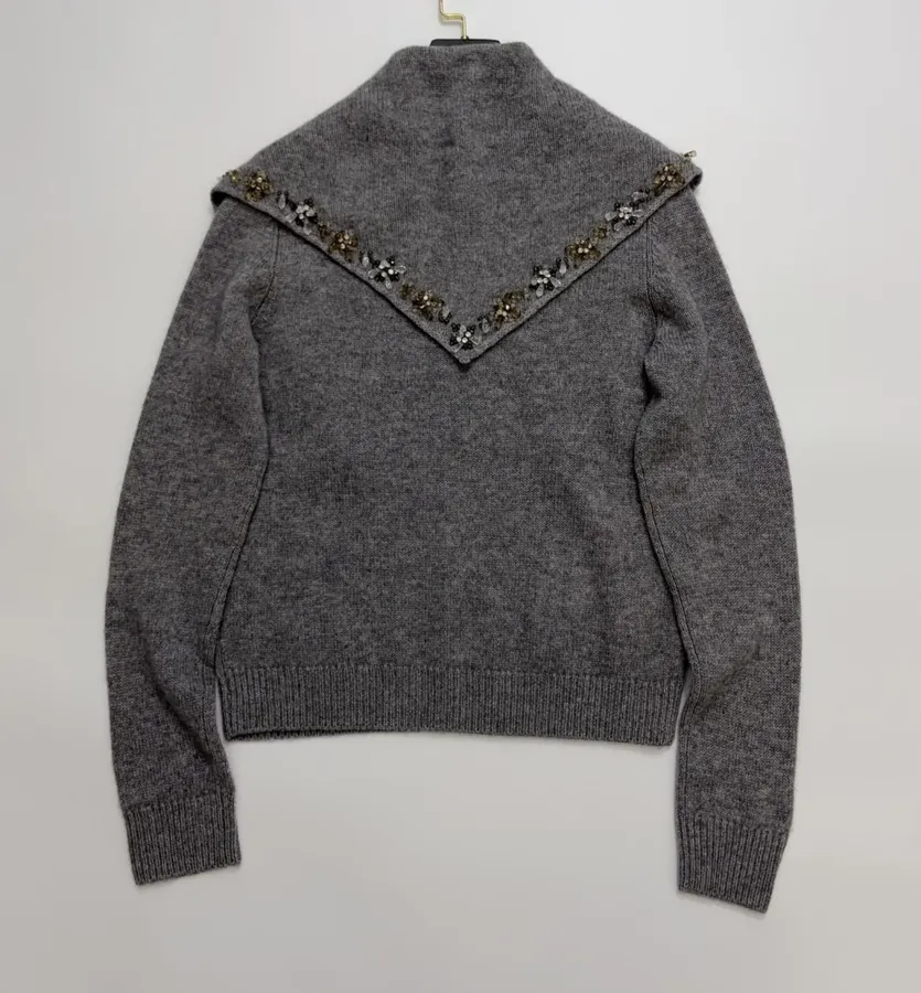 Grey Beaded Detachable-Shawl Knit Sweater in Gray, product view 02