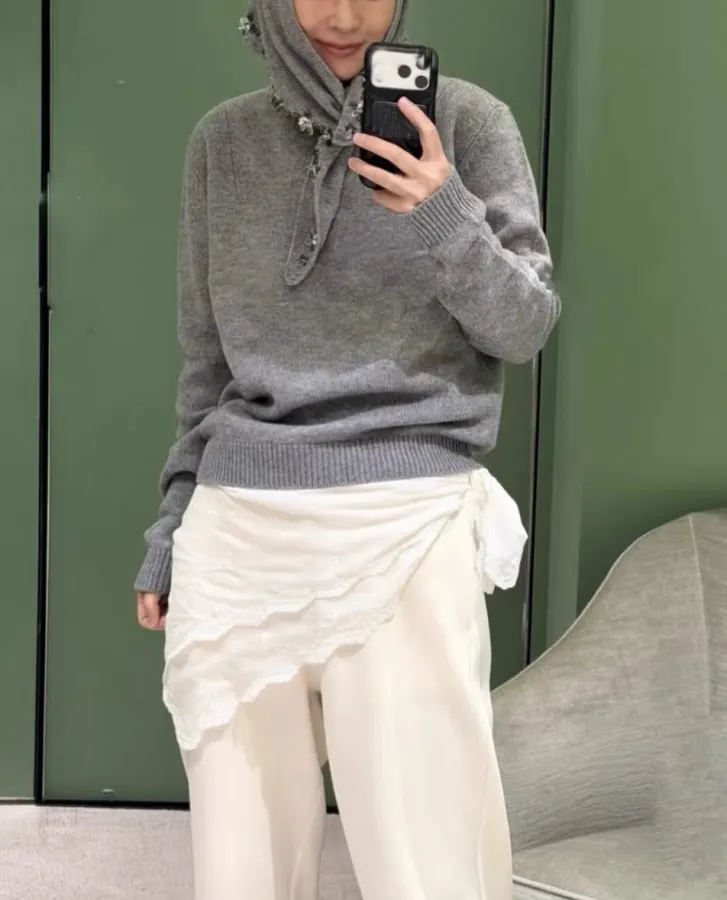 Grey Beaded Detachable-Shawl Knit Sweater in Gray, product view 04