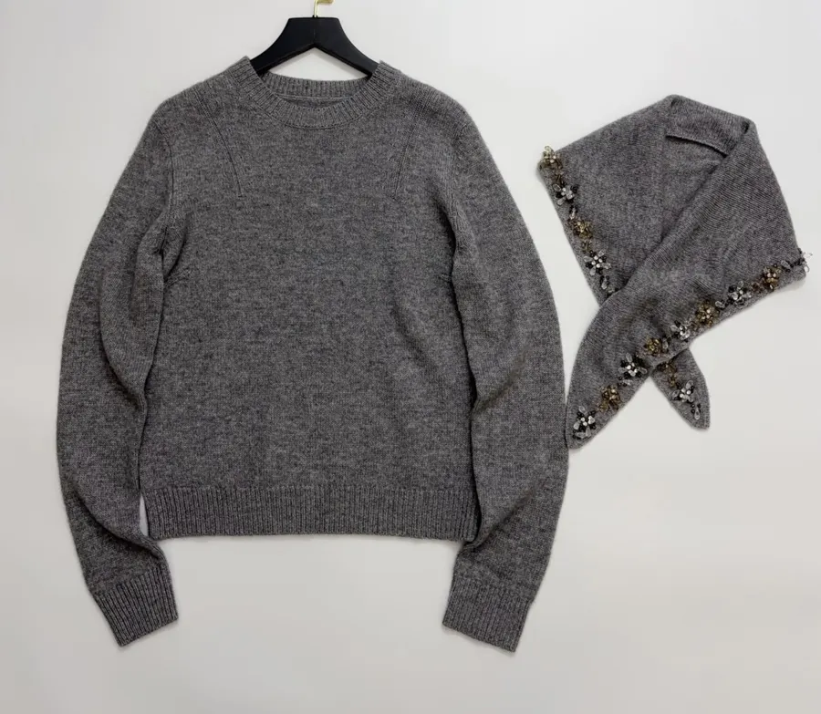 Grey Beaded Detachable-Shawl Knit Sweater in Gray, product view 05