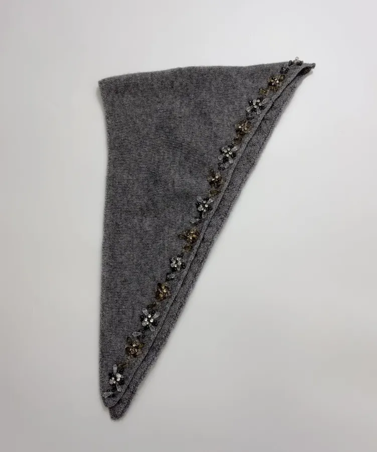Grey Beaded Detachable-Shawl Knit Sweater in Gray, product view 17