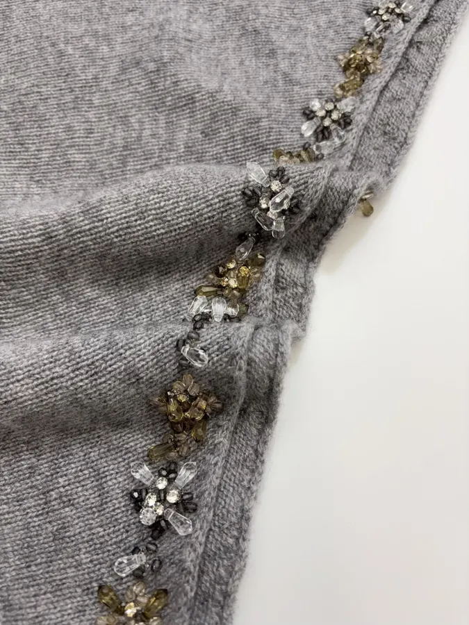 Grey Beaded Detachable-Shawl Knit Sweater in Gray, product view 18