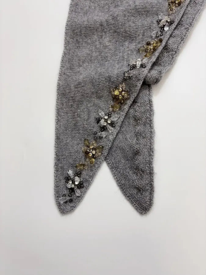 Grey Beaded Detachable-Shawl Knit Sweater in Gray, product view 19