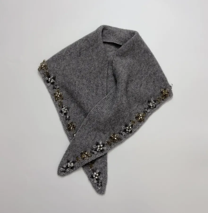 Grey Beaded Detachable-Shawl Knit Sweater in Gray, product view 20