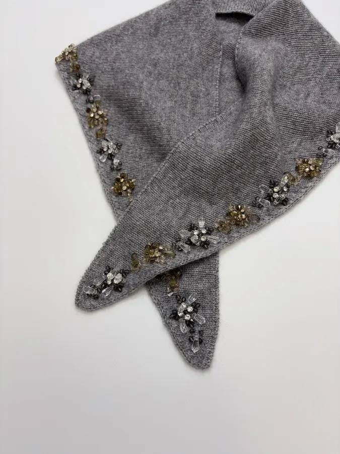 Grey Beaded Detachable-Shawl Knit Sweater in Gray, product view 21