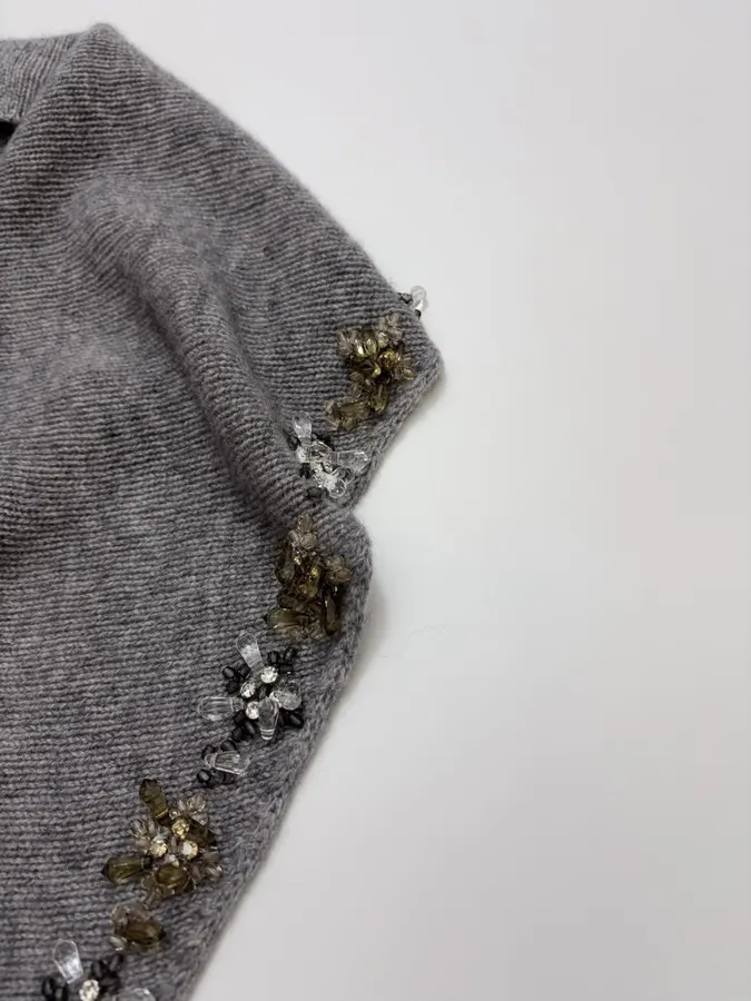 Grey Beaded Detachable-Shawl Knit Sweater in Gray, product view 22