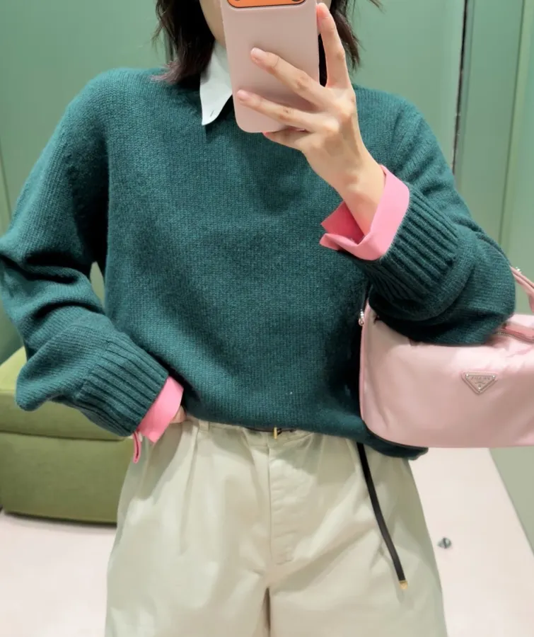 Teal Crew-Neck Sweater with Pink Cuffs in Teal, product view 01