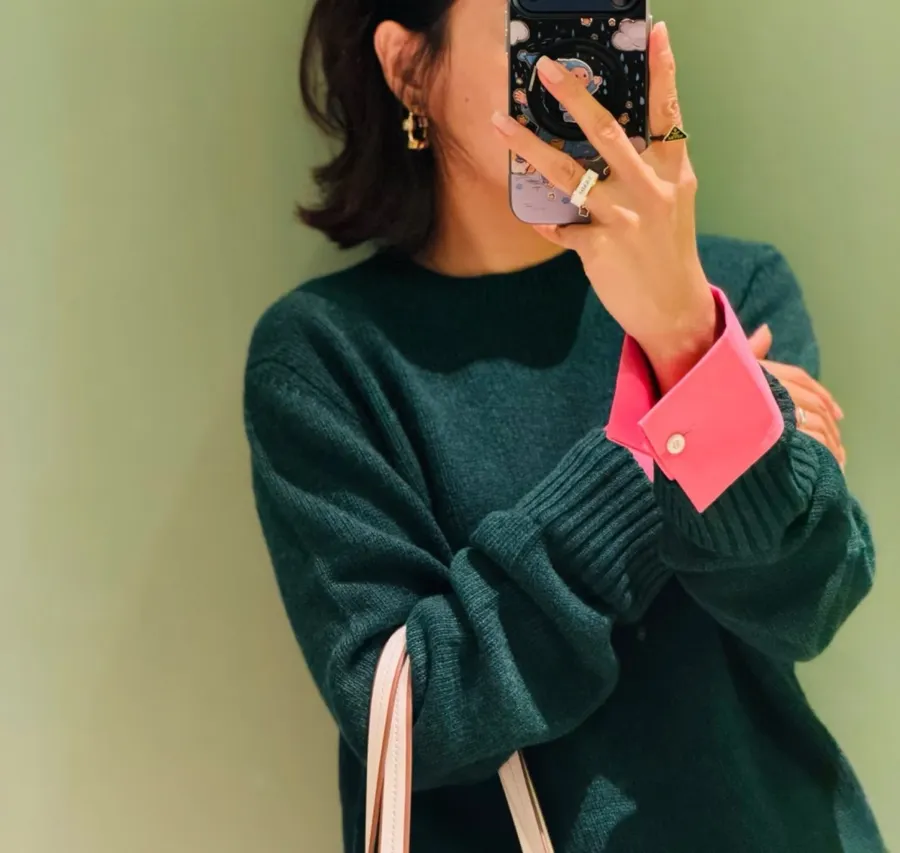 Teal Crew-Neck Sweater with Pink Cuffs in Teal, product view 02