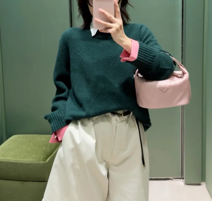Teal Crew-Neck Sweater with Pink Cuffs in Teal, product view 04
