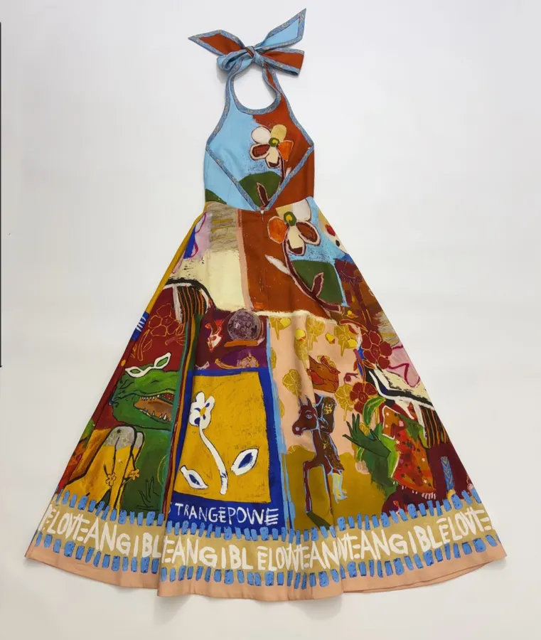 Hand-Painted Linen Halter Maxi Dress in Multicolor, product view 16