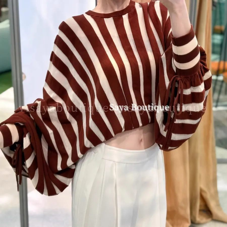 Striped Long-Sleeve Knitted Shirt, Cropped Top in Brown and White, product view 01