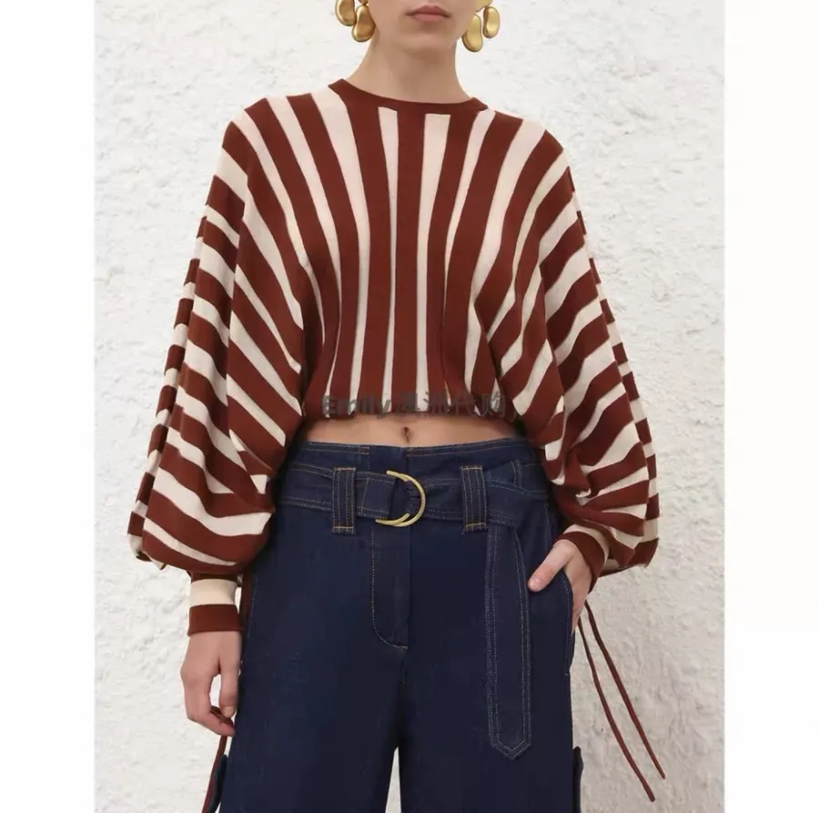 Striped Long-Sleeve Knitted Shirt, Cropped Top in Brown and White, product view 02