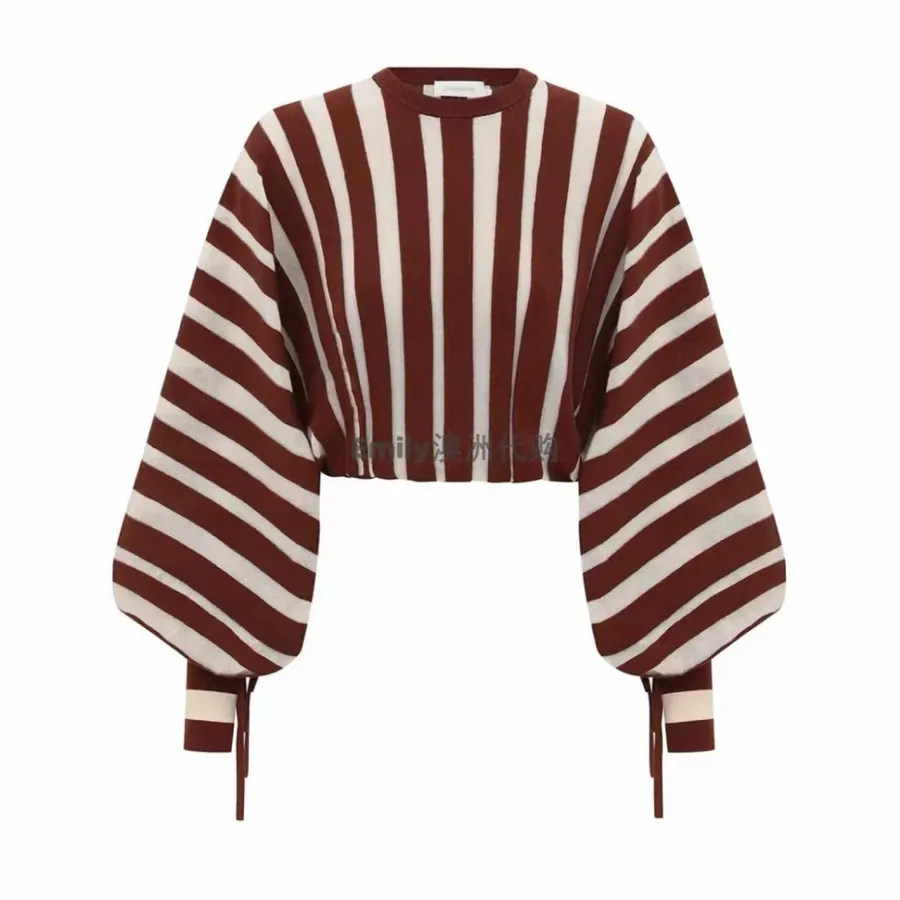 Striped Long-Sleeve Knitted Shirt, Cropped Top in Brown and White, product view 03