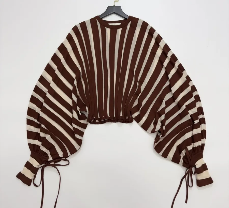 Striped Long-Sleeve Knitted Shirt, Cropped Top in Brown and White, product view 04