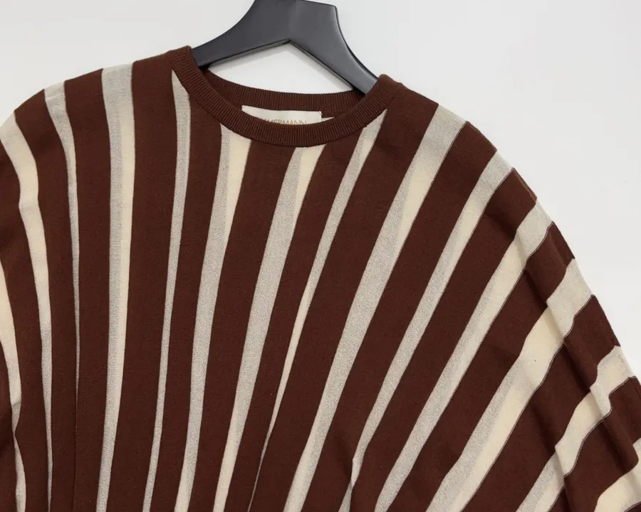 Striped Long-Sleeve Knitted Shirt, Cropped Top in Brown and White, product view 05