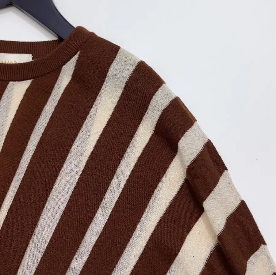 Striped Long-Sleeve Knitted Shirt, Cropped Top in Brown and White, product view 06