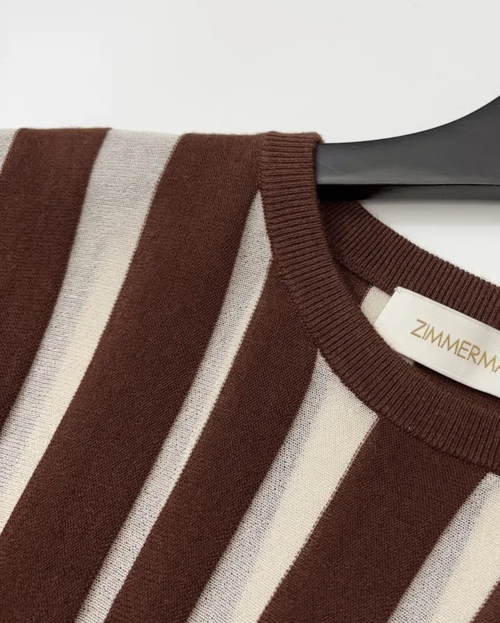 Striped Long-Sleeve Knitted Shirt, Cropped Top in Brown and White, product view 07