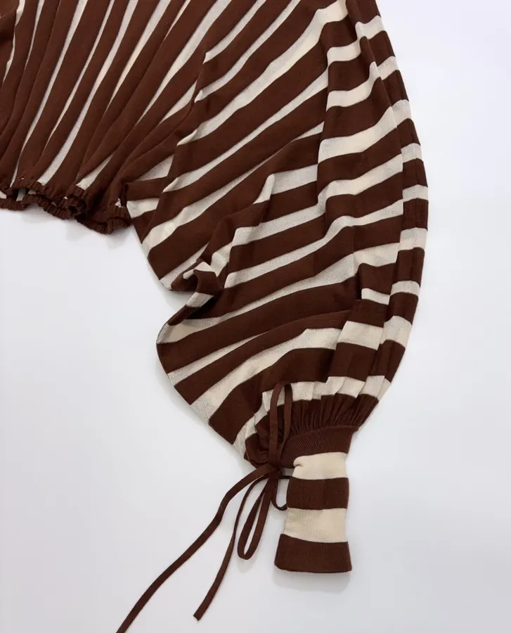 Striped Long-Sleeve Knitted Shirt, Cropped Top in Brown and White, product view 08