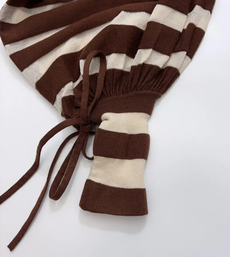 Striped Long-Sleeve Knitted Shirt, Cropped Top in Brown and White, product view 09