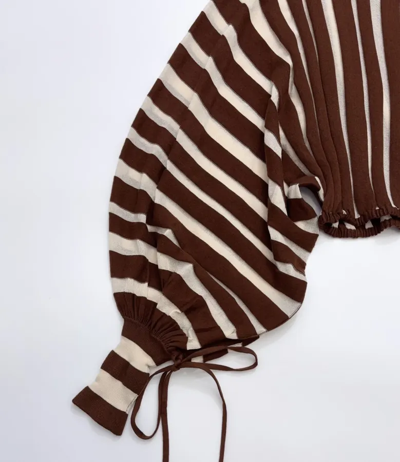 Striped Long-Sleeve Knitted Shirt, Cropped Top in Brown and White, product view 11