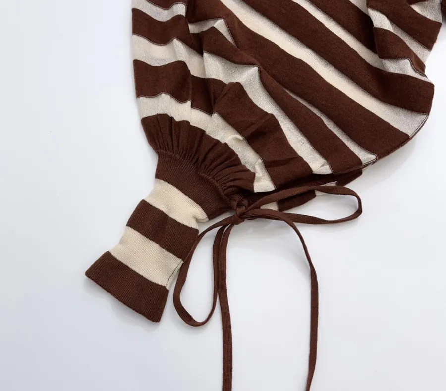Striped Long-Sleeve Knitted Shirt, Cropped Top in Brown and White, product view 12