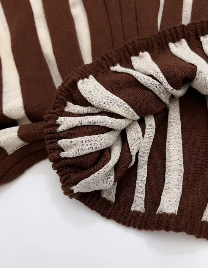 Striped Long-Sleeve Knitted Shirt, Cropped Top in Brown and White, product view 16