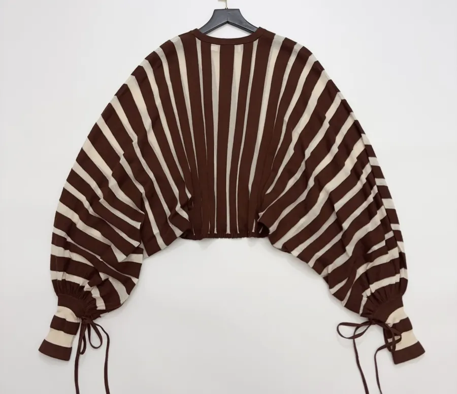 Striped Long-Sleeve Knitted Shirt, Cropped Top in Brown and White, product view 17