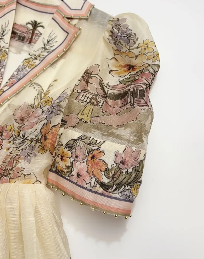 Printed Cinched Dress in Ivory Multicolor, product view 07