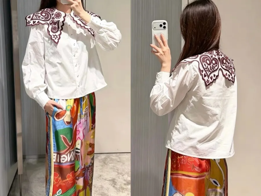 Embroidered Turn-Down Collar White Shirt in White, product view 01