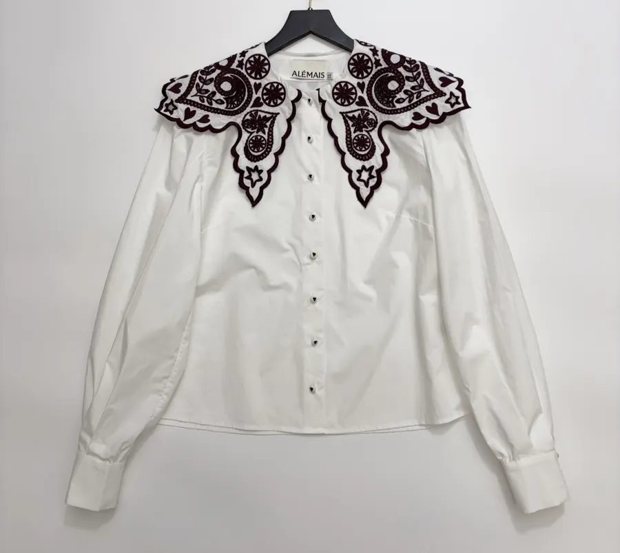 Embroidered Turn-Down Collar White Shirt in White, product view 02