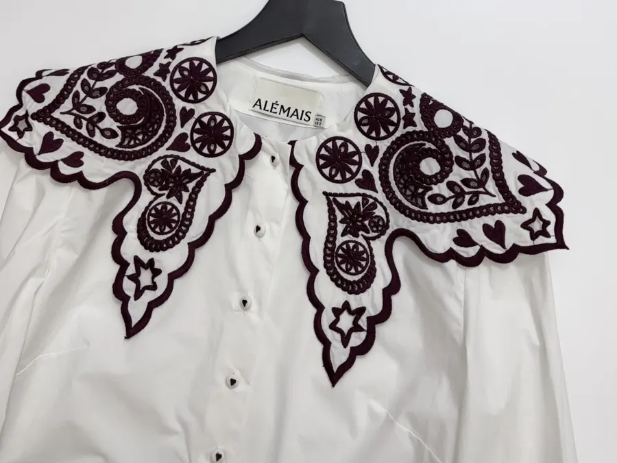 Embroidered Turn-Down Collar White Shirt in White, product view 03