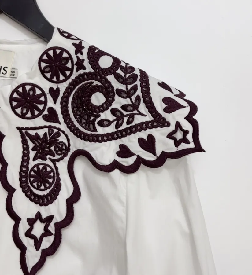 Embroidered Turn-Down Collar White Shirt in White, product view 04