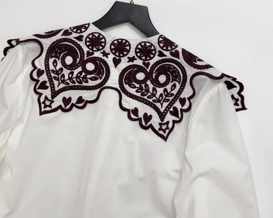 Embroidered Turn-Down Collar White Shirt in White, product view 12