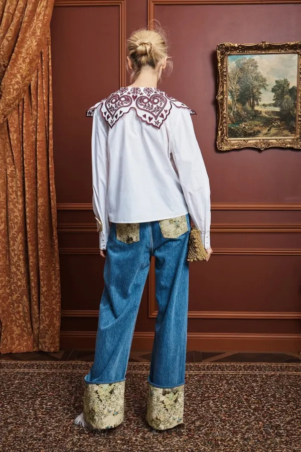 Embroidered Turn-Down Collar White Shirt in White, product view 19