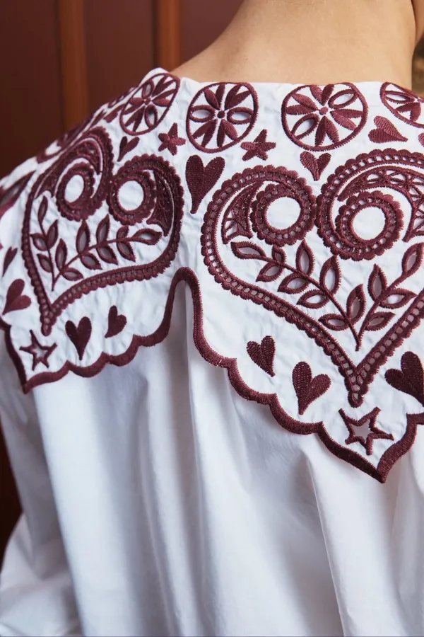 Embroidered Turn-Down Collar White Shirt in White, product view 20