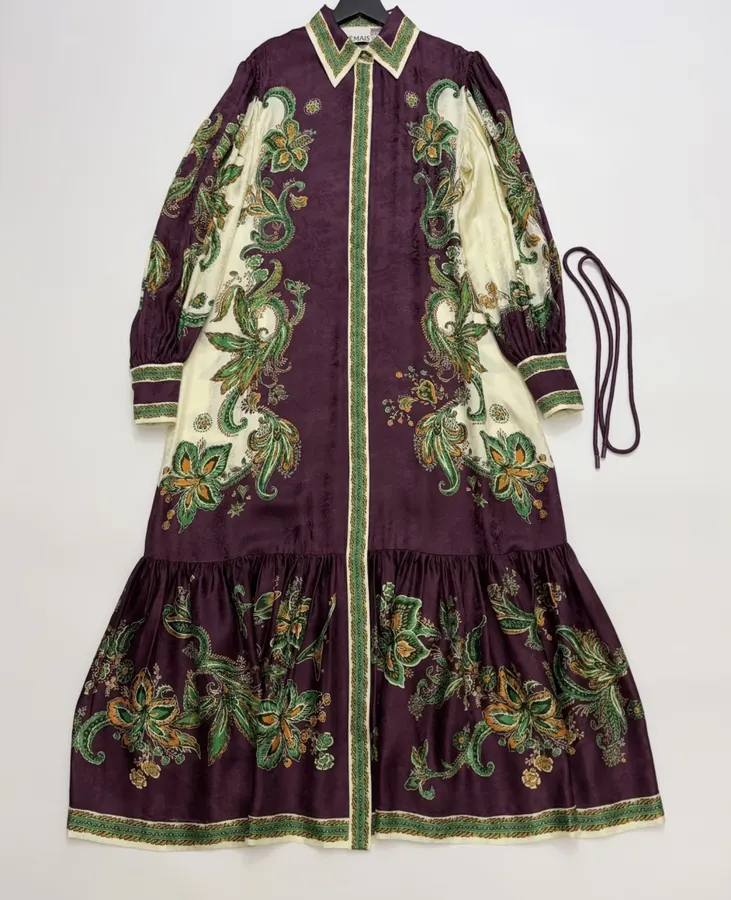 Printed Lantern-Sleeve Silk-Blend Shirt Dress in Burgundy Multicolor, product view 01