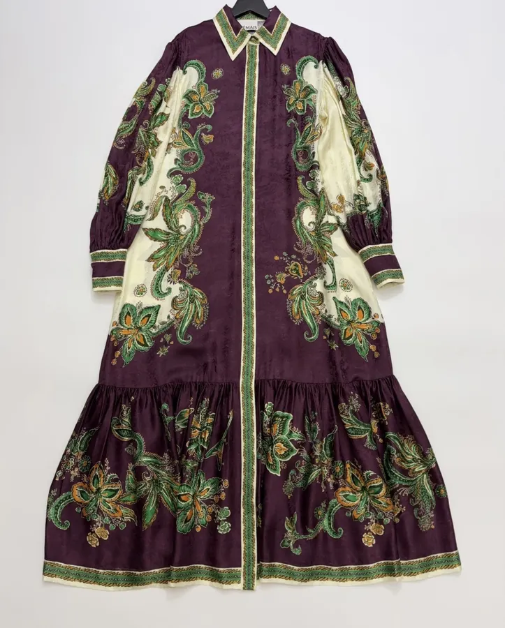 Printed Lantern-Sleeve Silk-Blend Shirt Dress in Burgundy Multicolor, product view 02