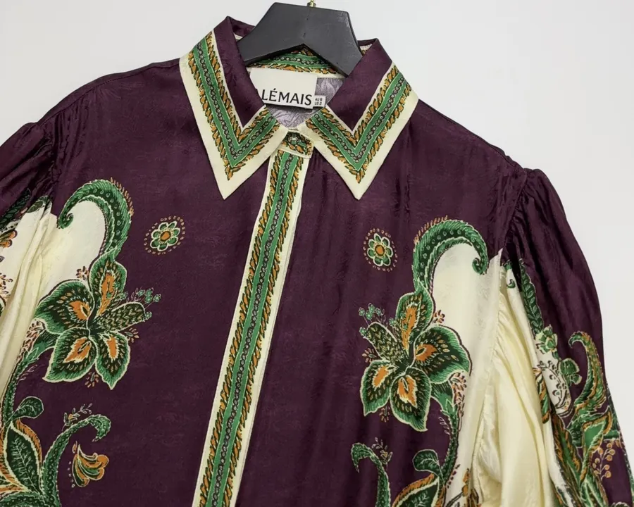 Printed Lantern-Sleeve Silk-Blend Shirt Dress in Burgundy Multicolor, product view 03