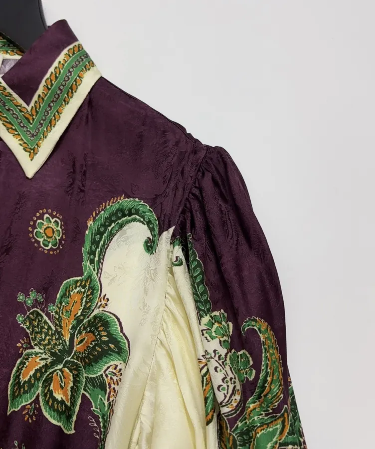 Printed Lantern-Sleeve Silk-Blend Shirt Dress in Burgundy Multicolor, product view 04